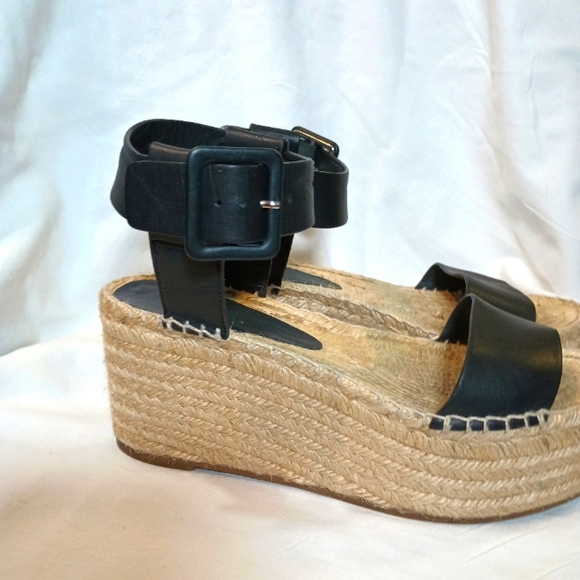 Vince Black Leather Ankle Strap Platform Womens Espadrilles. Size 7M